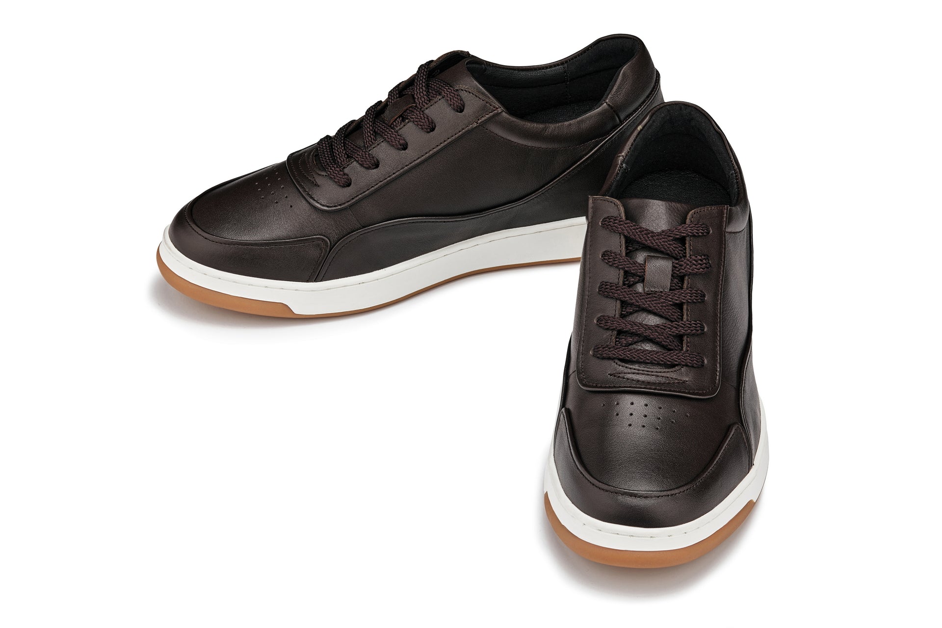 Y7887 - 2.6 Inches Taller (Deep Espresso/White & Gum Sole) - Elevated Leather Men's Sneakers