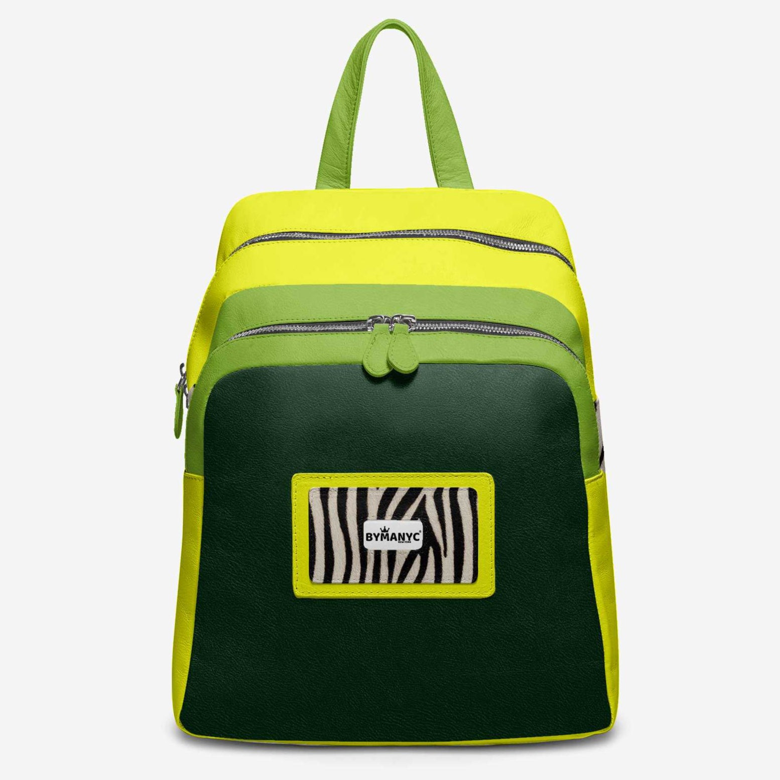 Green and yellow backpack with a zebra pattern patch on a white background