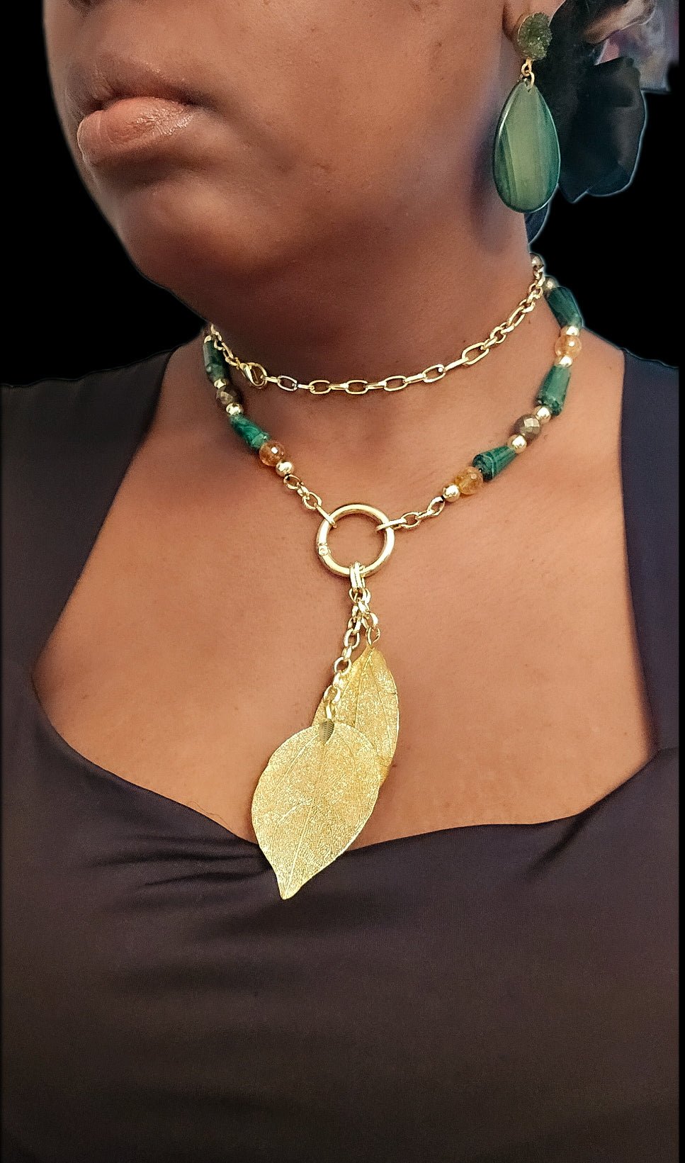"Abundance Of Wealth" Necklace |Malachite , Citrine, and Pyrite