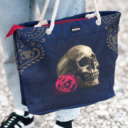 Rose Skull Navy Shoulder Beach Bag