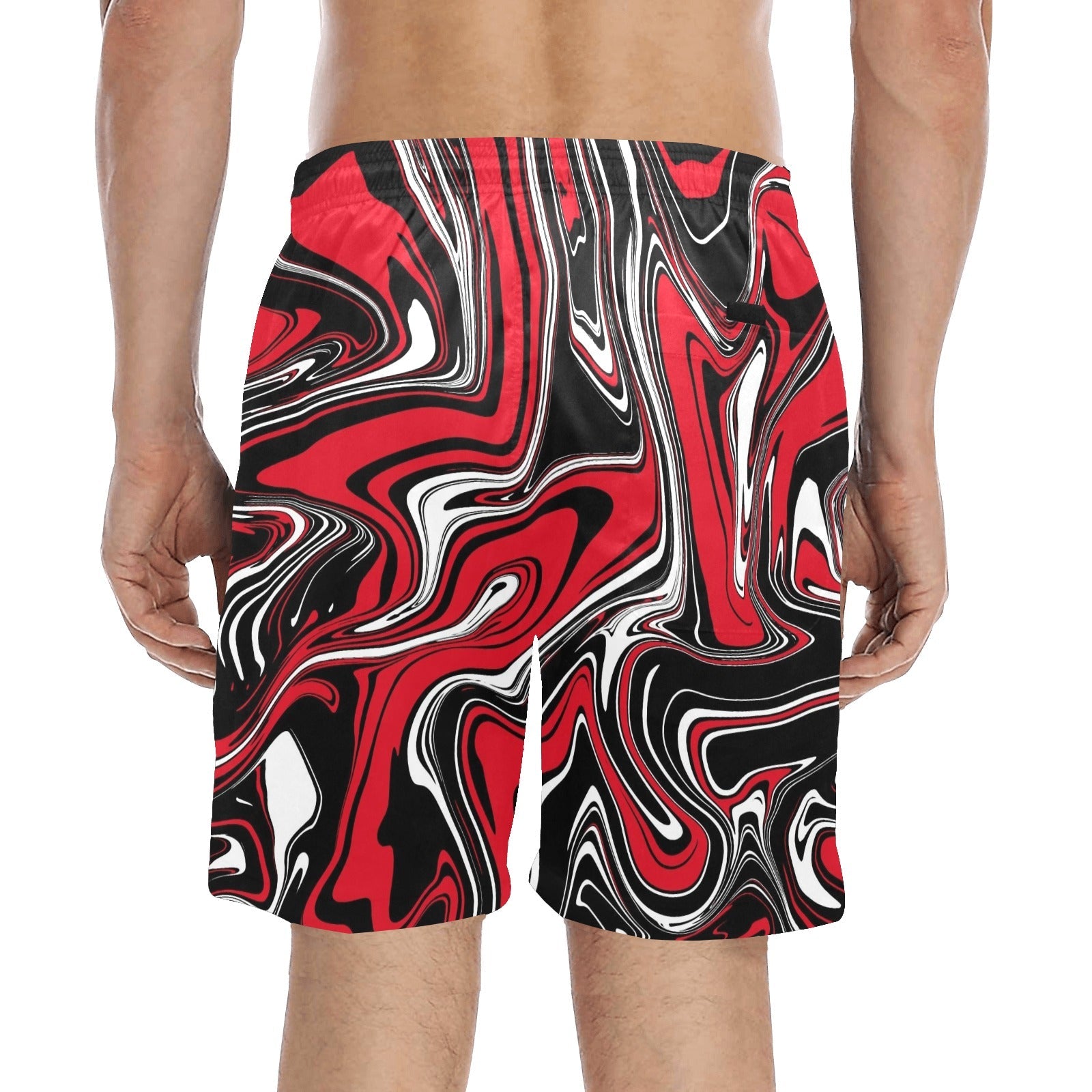 Red Black and White Rave Spill Swim Shorts