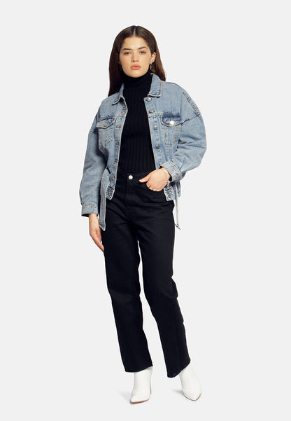 Balloon Sleeve Belted Denim Shacket