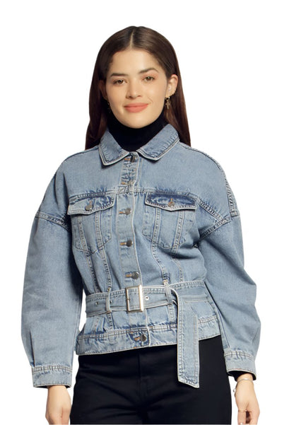 Balloon Sleeve Belted Denim Shacket