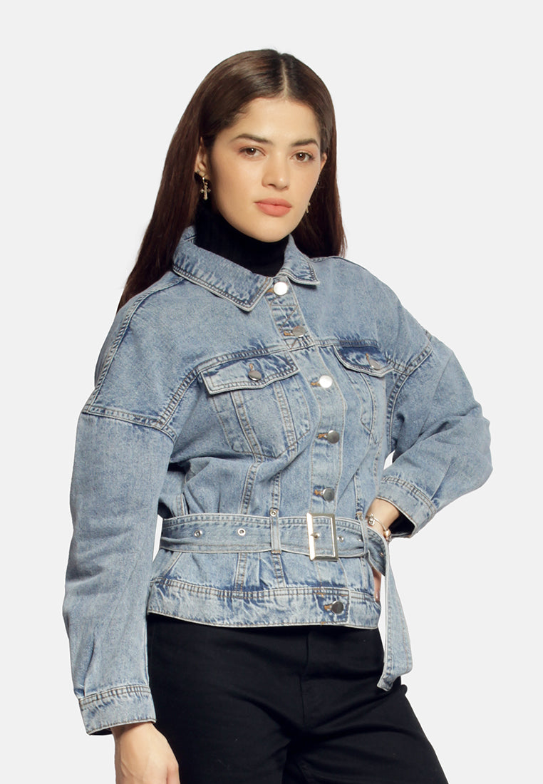 Balloon Sleeve Belted Denim Shacket