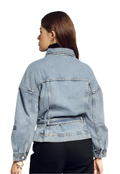 Balloon Sleeve Belted Denim Shacket