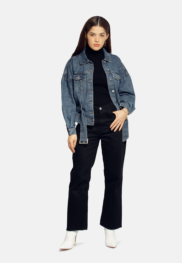 Balloon Sleeve Belted Denim Shacket