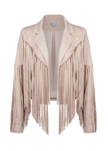 Beige Faux Suede Fringe Jacket