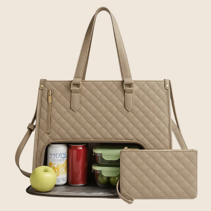 Beige quilted handbag with compartments containing food items on a beige background