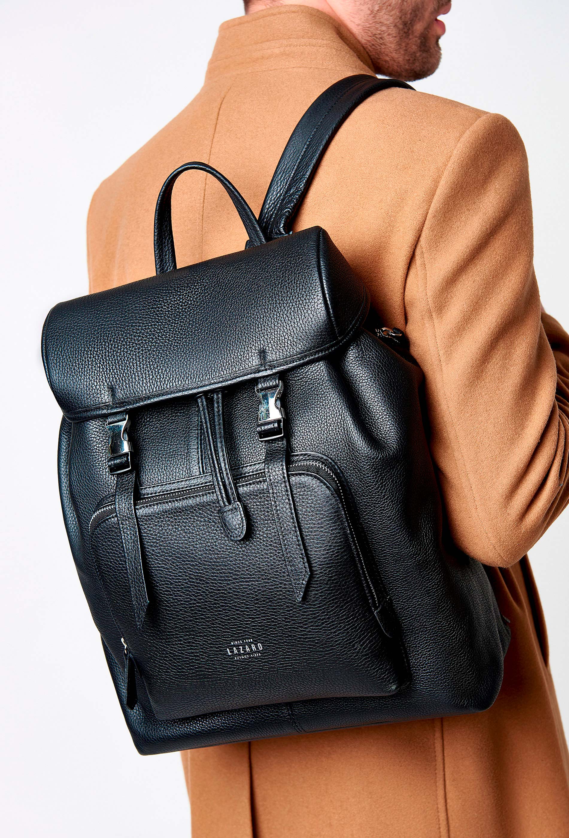 Black Large Leather Backpack With Buckle Closure