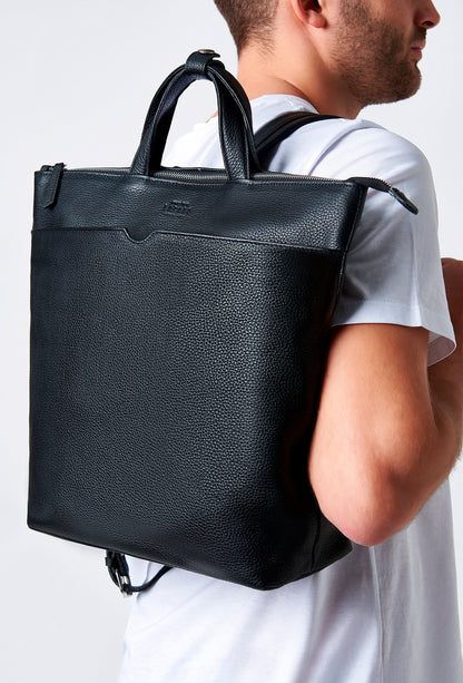 Black Leather Minimalist Tote Backpack