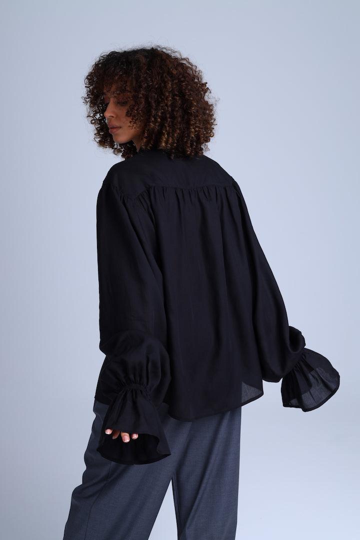 Protagonista Tencel Bow-Tie Black Blouse With Voluminous Airy Sleeves