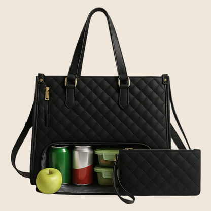 Black quilted handbag with compartments containing a green apple and colorful drinks on a beige background