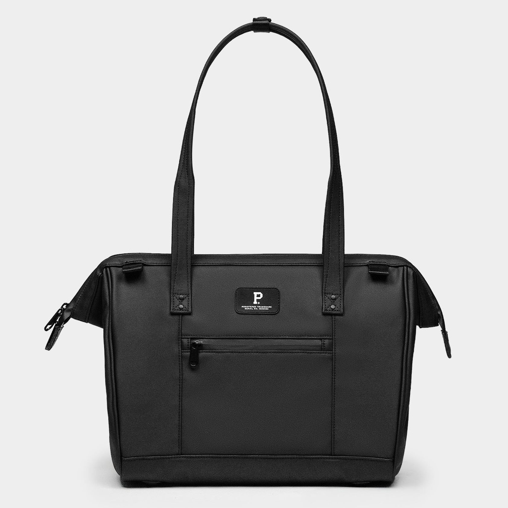 Black tote bag with a visible brand logo on a white background