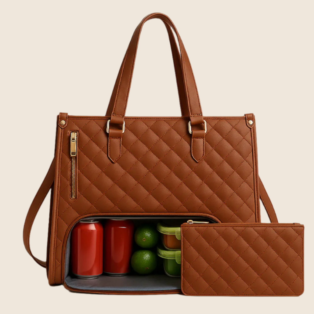 Brown quilted handbag with a smaller matching pouch on a beige background