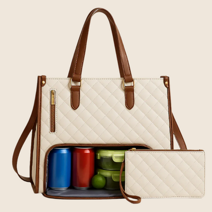 White handbag with brown straps containing colorful drinks on a beige background