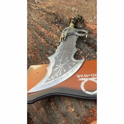 Chaos Inspired Recurve Bowie Knife with Rune Engraving and Dragon Guard