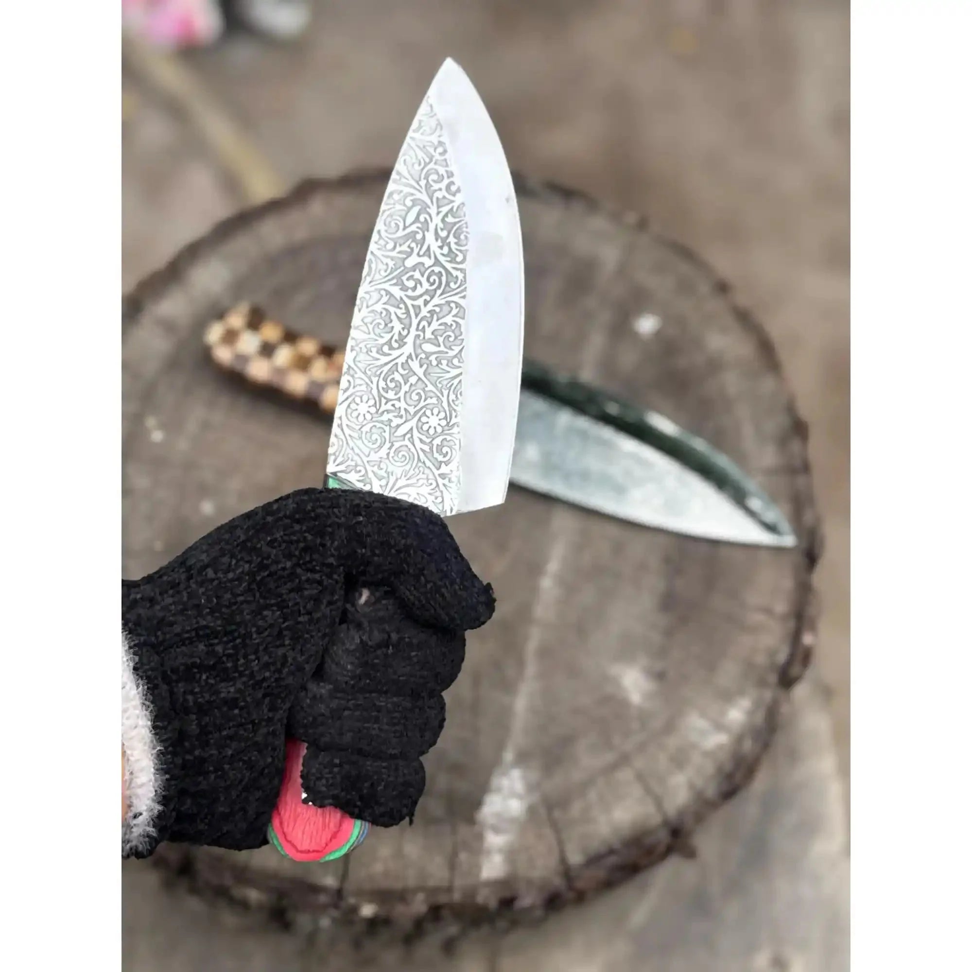 Chef Knife with Acid-Etched Blade – Red Micarta or Checker Wood Handle