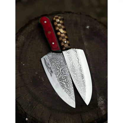 Chef Knife with Acid-Etched Blade – Red Micarta or Checker Wood Handle