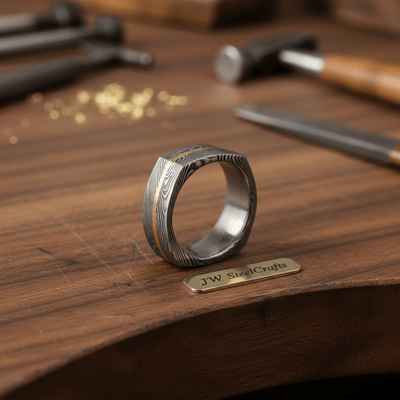 Damascus Steel Wedding Ring Faceted Band with Brass Inlay