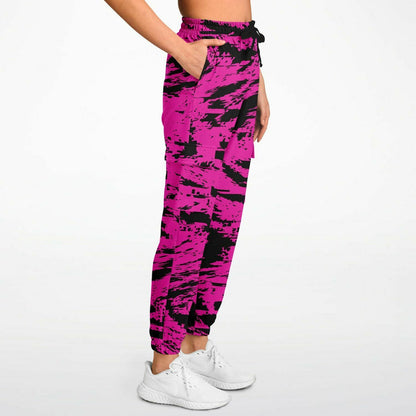 Pink and Black Rave Glitch Splatter Unisex Cargo Joggers (Fleece Lined)
