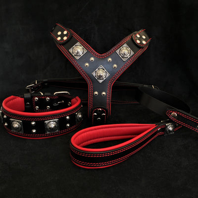 "Eros" Big Dog SET- Harness - Collar - Lead. Black & Red