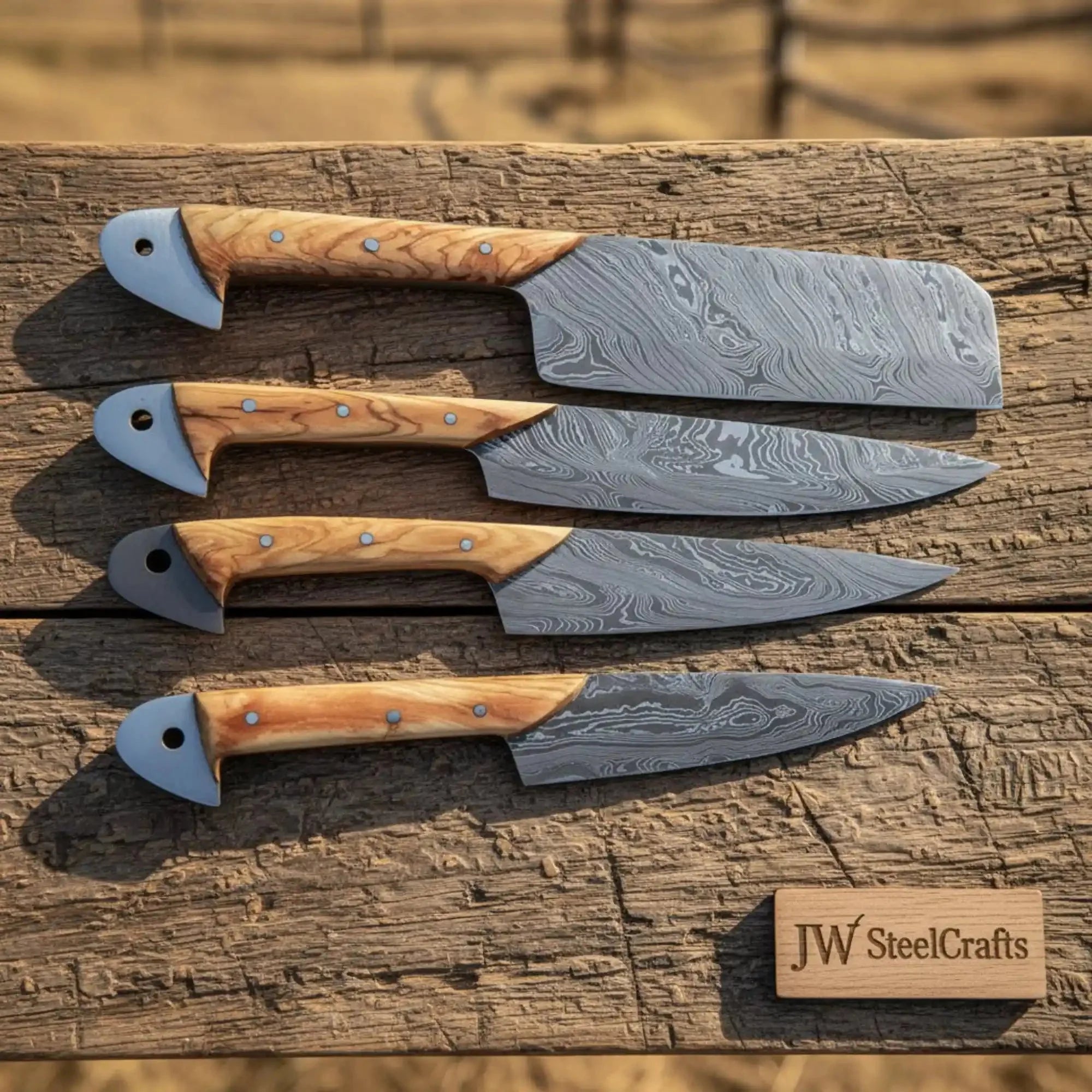 Full Tang Damascus Cleaver, Gyuto, Utility, and Paring Knife Set with Olive Wood Handles