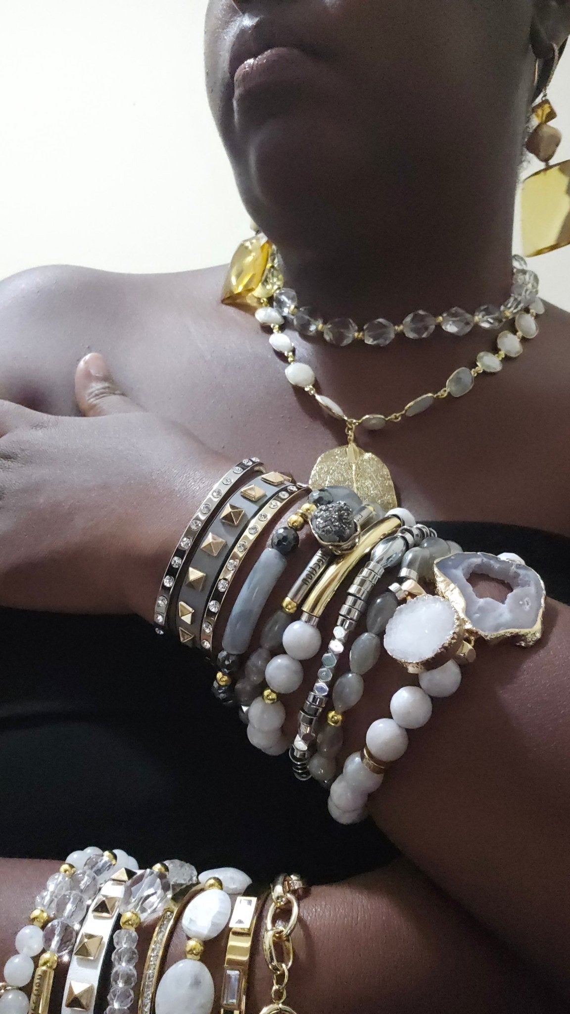 Gray Moonstone and Stripe  Agate Stacked Bracelet Set