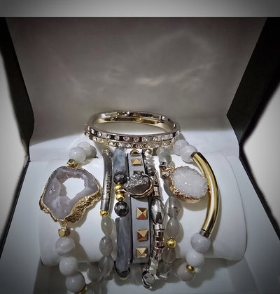 Gray Moonstone and Stripe  Agate Stacked Bracelet Set