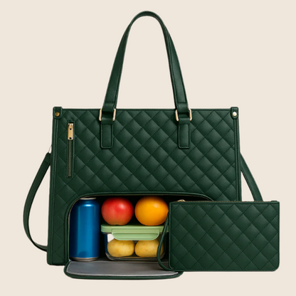 Green quilted handbag with compartments open, revealing items inside on a beige background