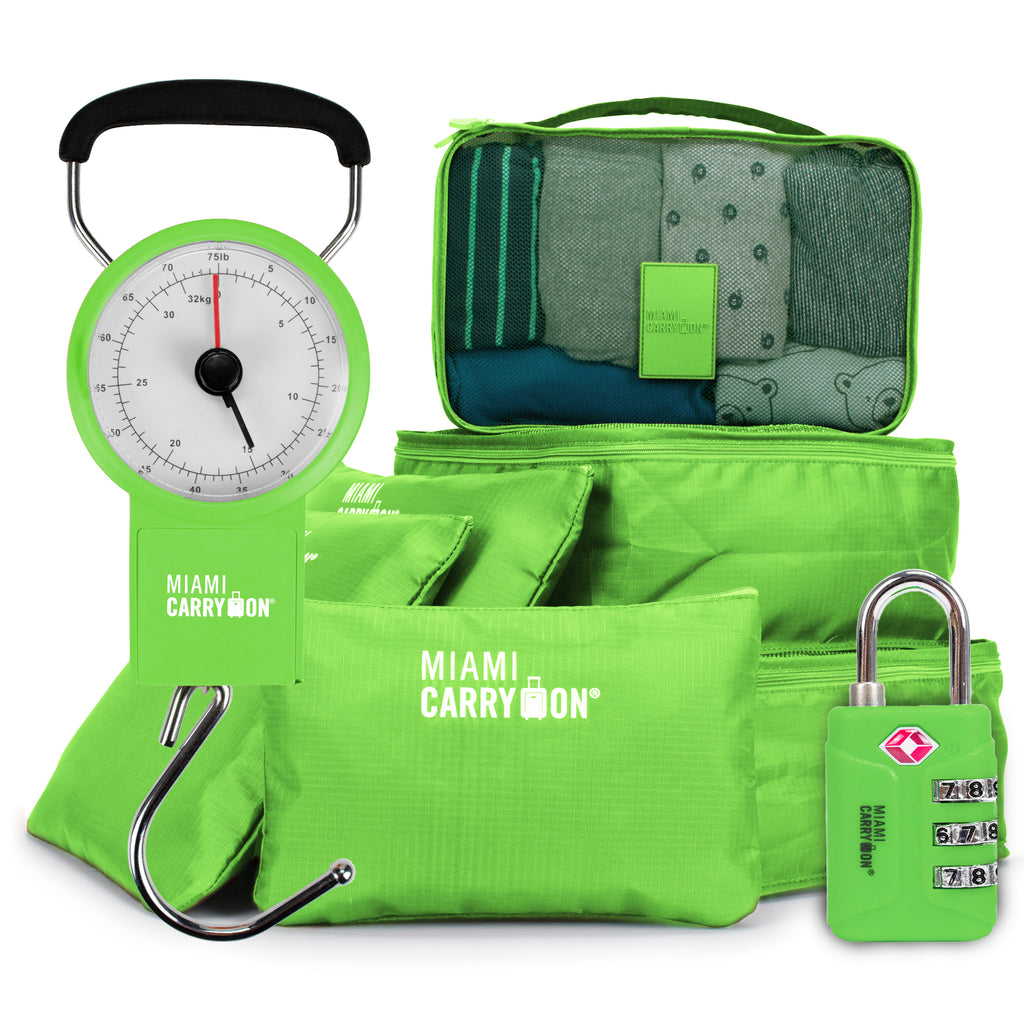 Packing cubes, TSA-approved lock & mechanical luggage scale. Organize, secure & weigh your luggage - green variant