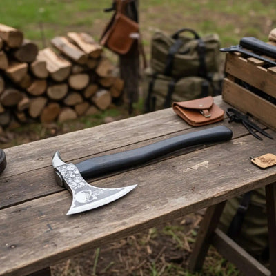 Hand-finished Bearded Axe – Detailed Etched Steel Head with Minimalist Black Handle