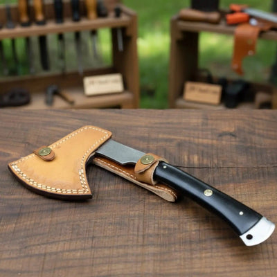Hand-Forged Bearded Camp Hatchet with Hardwood Handle and Leather Sheath