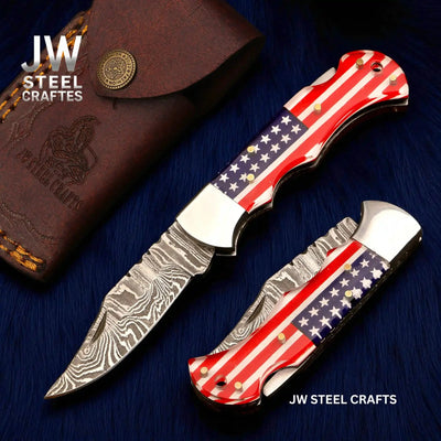 Handmade Damascus Folding Knife – Ram Horn or American Flag Handle