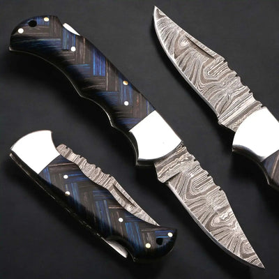 Handmade Damascus Folding Knife with Pakka Wood Handle & Leather Sheath