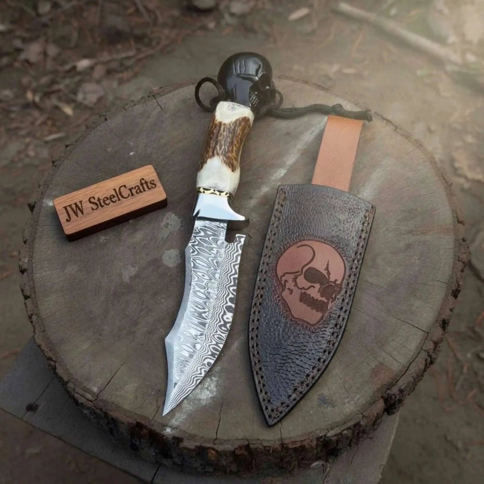 Handmade Damascus Hunting Knife with Stag Antler Handle & Custom Leather Sheath