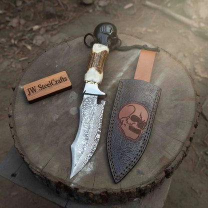 Handmade Damascus Hunting Knife with Stag Antler Handle & Custom Leather Sheath