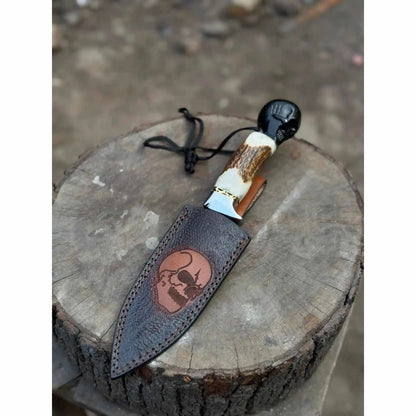 Handmade Damascus Hunting Knife with Stag Antler Handle & Custom Leather Sheath