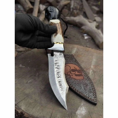 Handmade Damascus Hunting Knife with Stag Antler Handle & Custom Leather Sheath