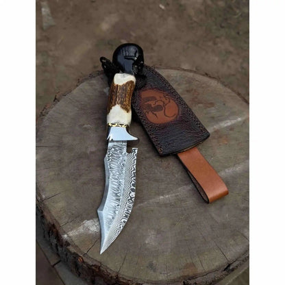 Handmade Damascus Hunting Knife with Stag Antler Handle & Custom Leather Sheath