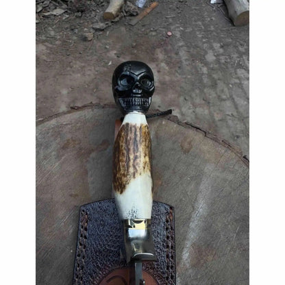 Handmade Damascus Hunting Knife with Stag Antler Handle & Custom Leather Sheath