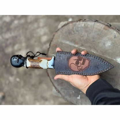 Handmade Damascus Hunting Knife with Stag Antler Handle & Custom Leather Sheath