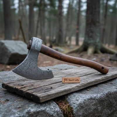 Handmade Damascus Steel Bearded Viking Axe with Hardwood Handle – Custom Forged Norse Camp Axe | JW SteelCrafts