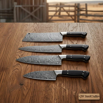4-Piece Handmade Damascus Steel Kitchen Knife Set with Pakka Wood Handles