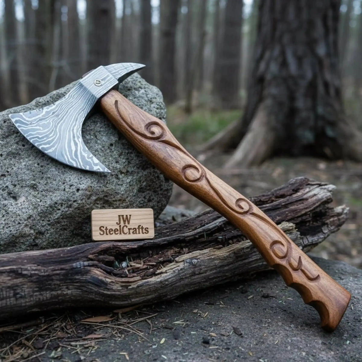 Handmade Damascus Steel Viking Bearded Axe – Pattern Welded Blade with Carved Hardwood Handle | JW SteelCrafts
