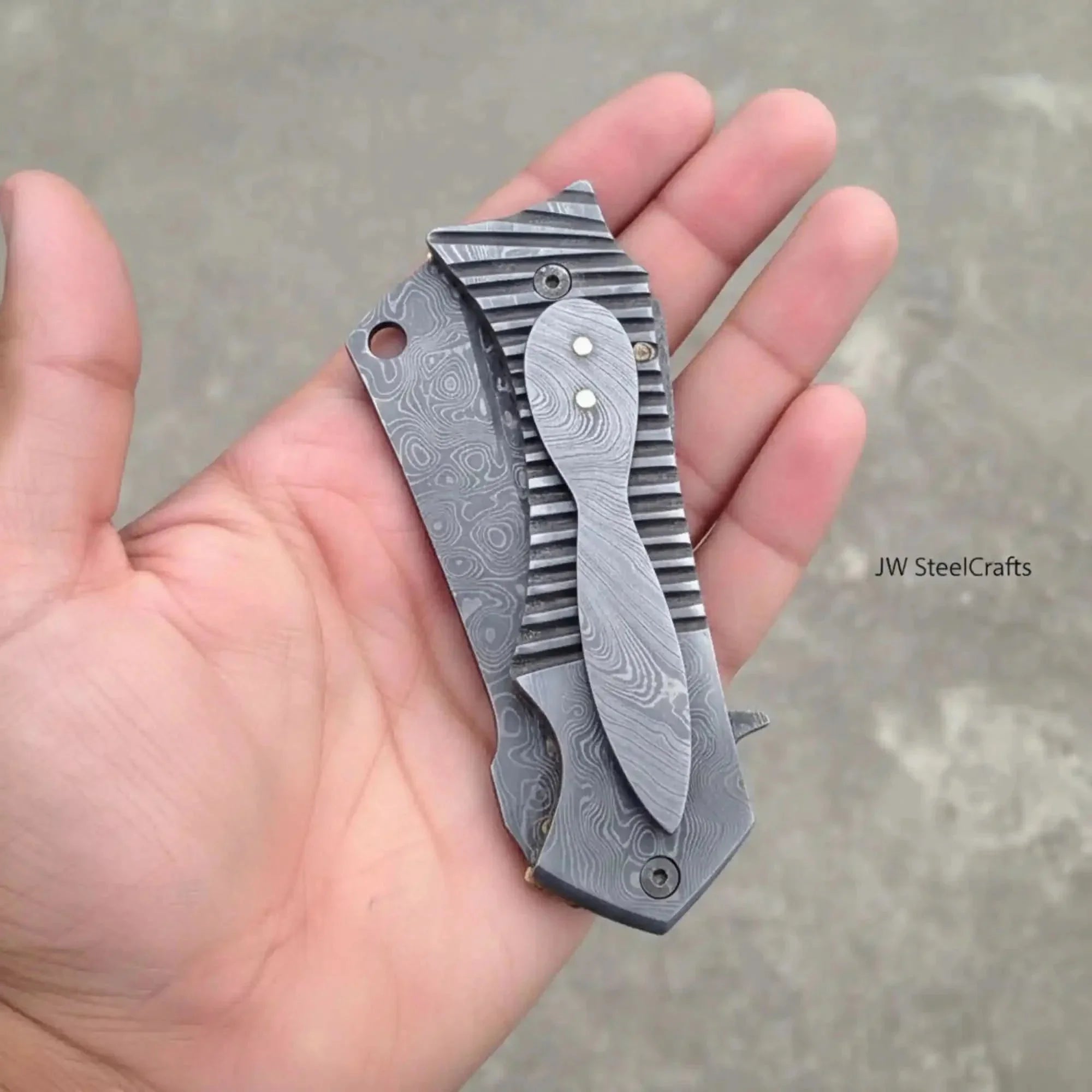 Damascus Flipper Pocket Cleaver with Fluted Metal Handle