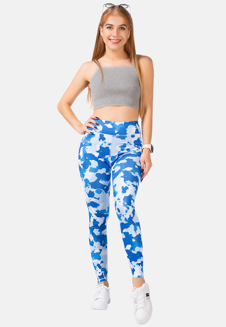 High Waist Blue Printed Gym Leggings