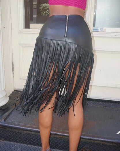 Gigi Skirt – Asymmetrical Vegan Leather Skirt with Fringe