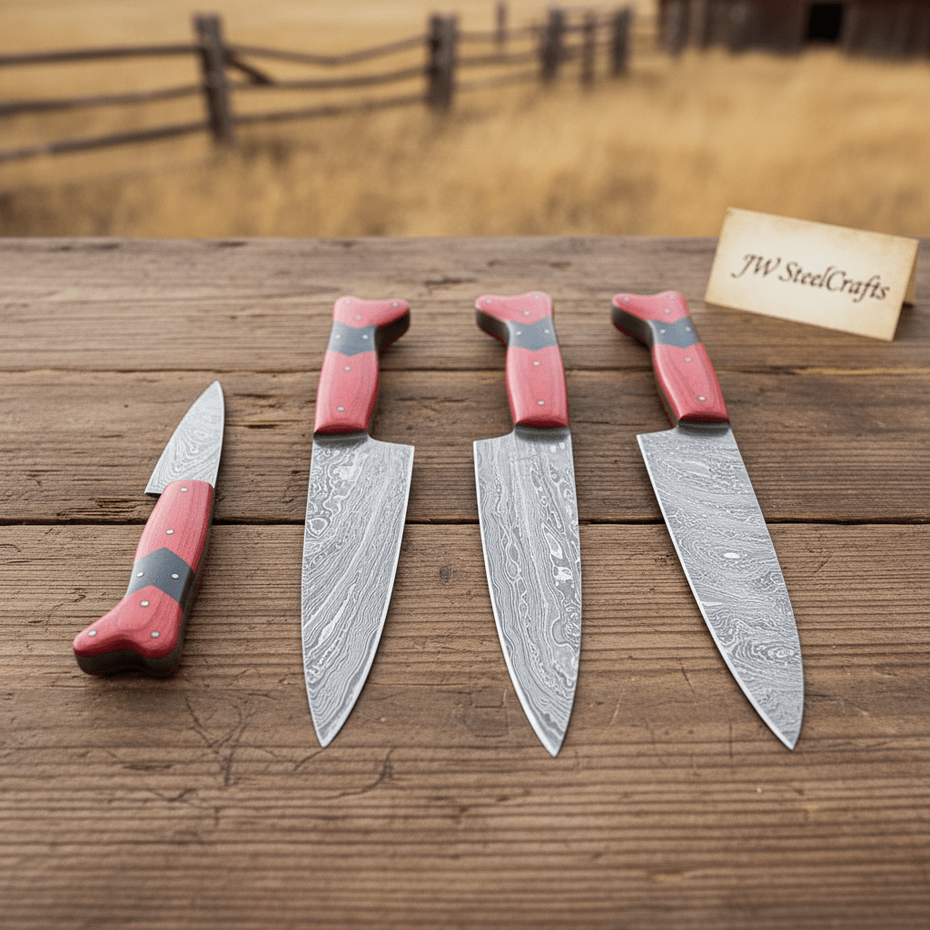 Handmade Red Wood Handle Damascus Kitchen Knife Set - 4 Piece Carving Chef Utility