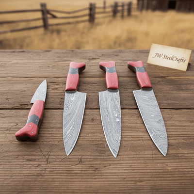 Handmade Red Wood Handle Damascus Kitchen Knife Set - 4 Piece Carving Chef Utility