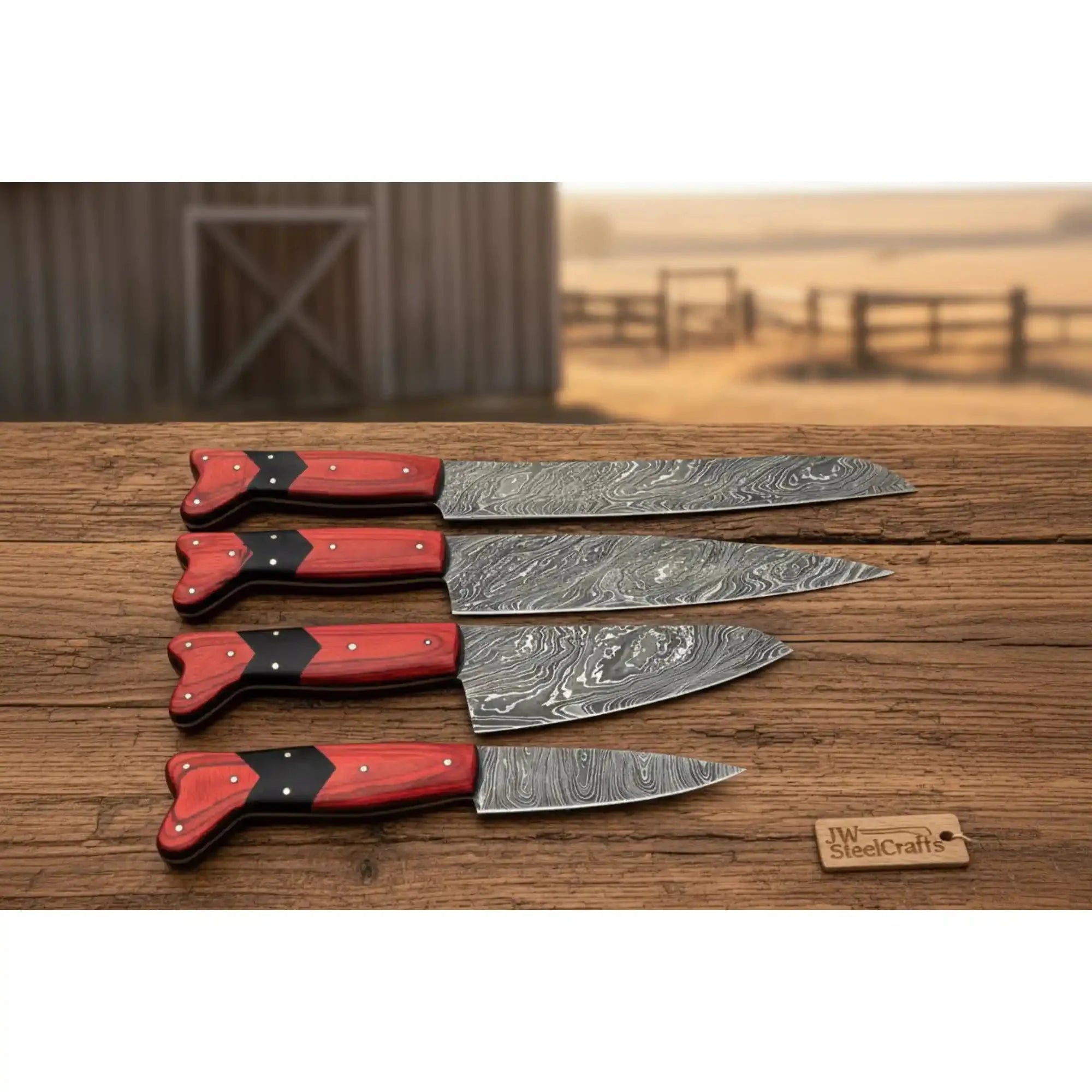 Handmade Red Wood Handle Damascus Kitchen Knife Set - 4 Piece Carving Chef Utility